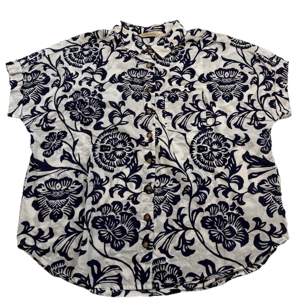 Soft Surroundings Short Sleeve Button Up Blouse Sz L Floral Beach Coastal Casual